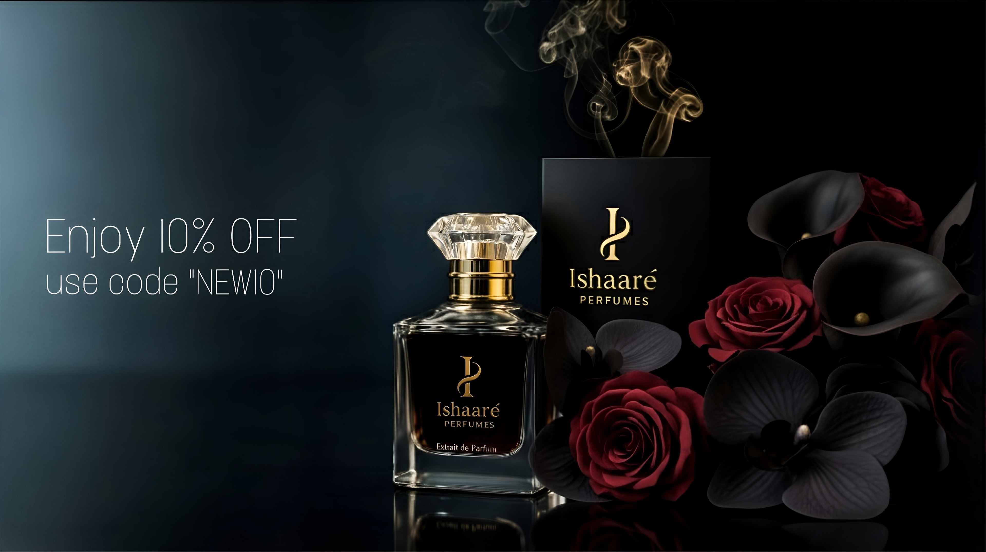 Ishaare perfume bottle with roses and promotional text on a dark background